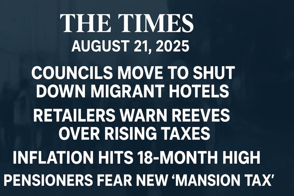 The Times UK Headlines – August 21, 2025: Migrant Hotel Ruling, Soaring Inflation, and Retailers’ Warning 1 UK News Headlines August 2025 The Times UK Headlines – August 21, 2025: Migrant Hotel Ruling, Soaring Inflation, and Retailers’ Warning