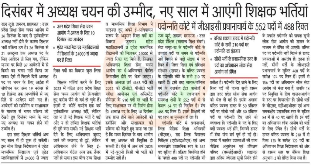 6125345142400027688 UP Teacher Recruitment 2024–25: Chairman Selection Expected in December, Massive New Teacher Vacancies Coming in New Year