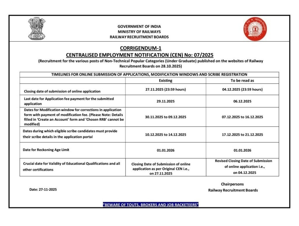 6143309388576394421 RRB CEN 07/2025 Corrigendum Released: New Dates for Railway NTPC (Under Graduate) Application, Fee Payment & Modification Window