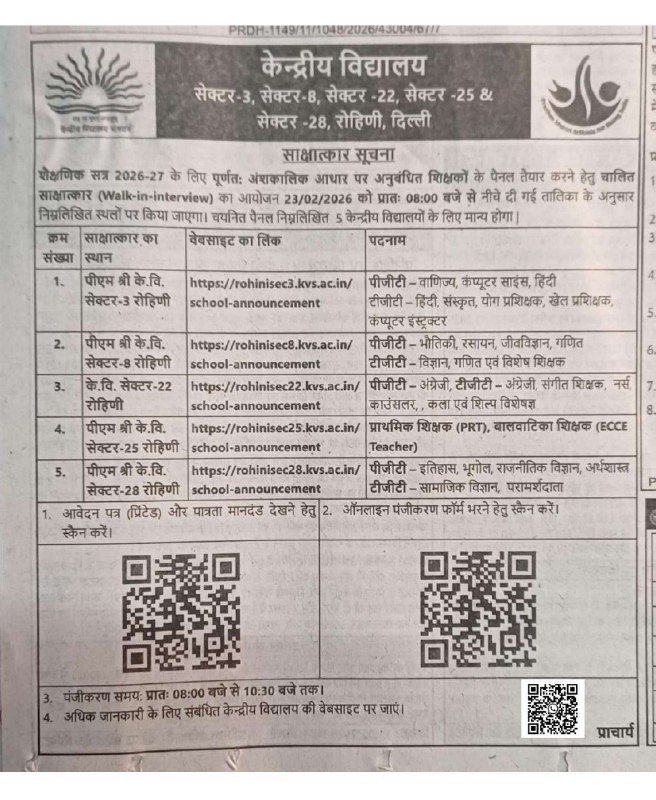 Kendriya Vidyalaya Rohini Walk-in-Interview 2026 – PGT, TGT, PRT & Other Teaching Vacancies for Academic Session 2026–27 2 An announcement regarding walk-in interviews for teaching positions at Kendriya Vidyalaya schools in Rohini, Delhi, detailing positions, websites for applications, QR codes, and interview timings.