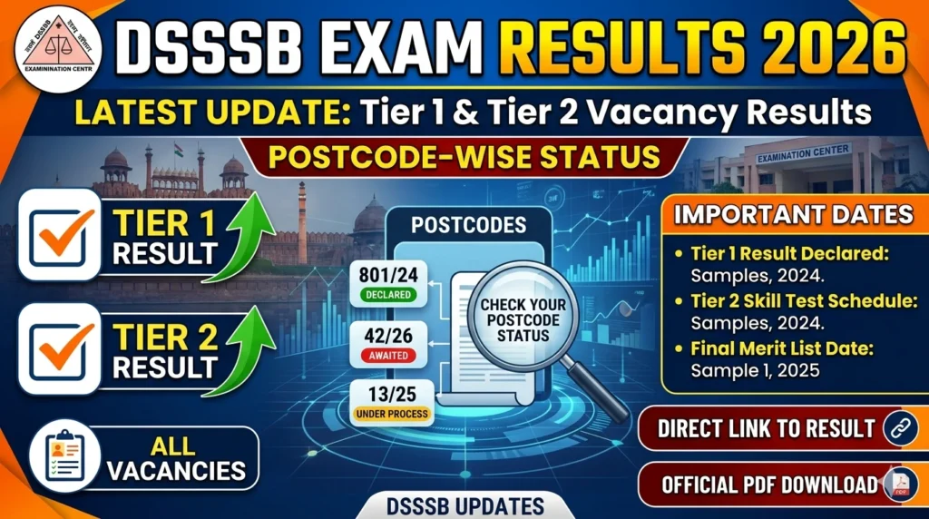 DSSSB Exam Results 2026 DSSSB Exam Results 2026 Latest Update – Tier 1 & Tier 2 Vacancy Results, Postcode-wise Status, Important Dates & Links