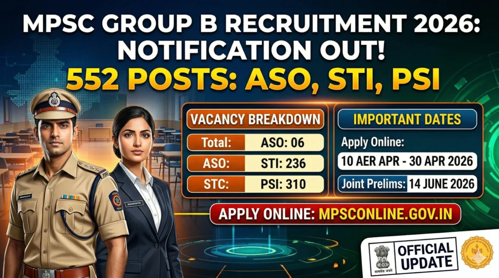 MPSC Group B Recruitment 2026 Notification Out: Apply Online for 552 ASO, STI, and PSI Posts 1 MPSC MPSC Group B Recruitment 2026 Notification Out: Apply Online for 552 ASO, STI, and PSI Posts