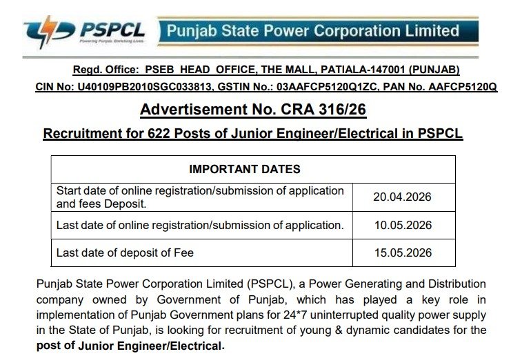 Screenshot 2026 04 15 191443 PSPCL JE Electrical Recruitment 2026 – 622 Vacancy, Eligibility, Salary, Apply Online