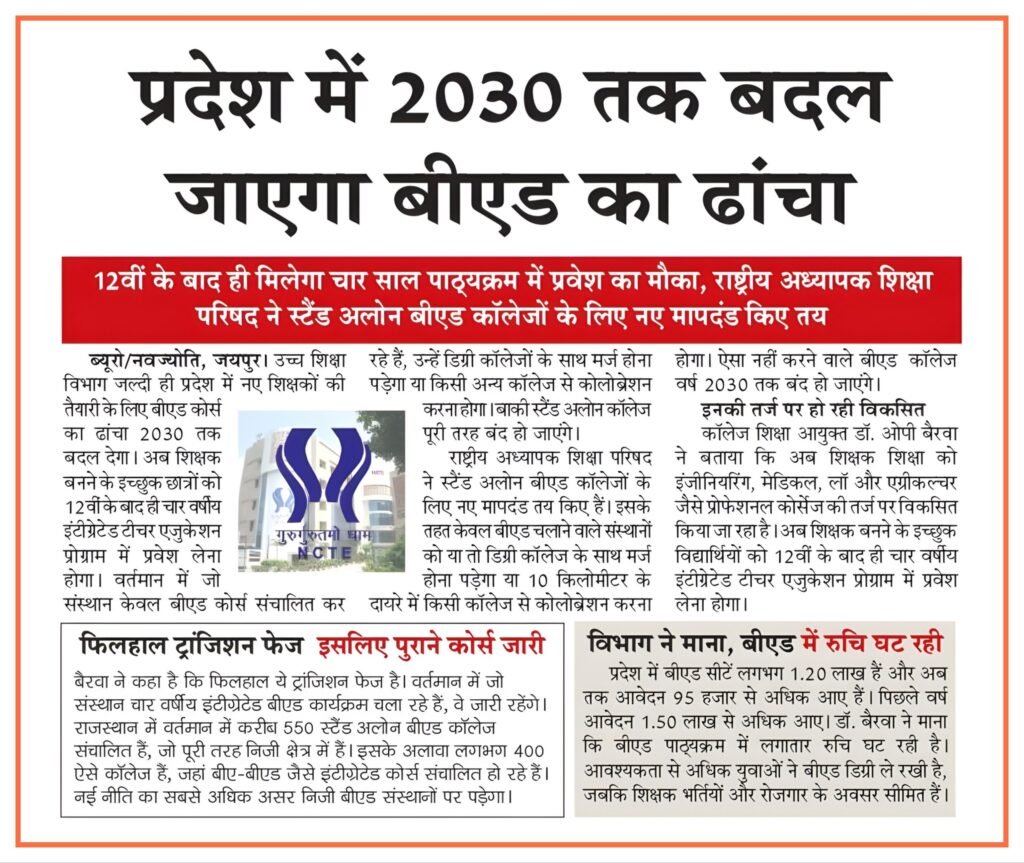6055389621320879773 Rajasthan B.Ed Course New Rules 2030: स्टैंड अलोन बीएड कॉलेज होंगे बंद, 12वीं के बाद मिलेगा 4 वर्षीय ITEP में प्रवेश