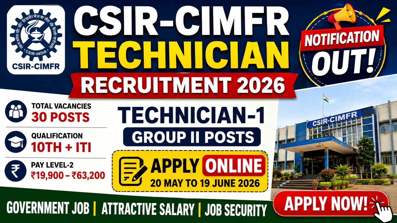 CSIR CIMFR Technician Recruitment 2026 Notification Out – Apply Online for Technician 1 Group II Posts Latest Job