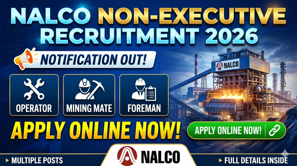 NALCO Non Executive Recruitment 2026 Notification Out – Apply Online for Operator, Mining Mate, Foreman & Other Posts 1 NALCO Non Executive Recruitment 2026 Notification Out NALCO Non Executive Recruitment 2026 Notification Out – Apply Online for Operator, Mining Mate, Foreman & Other Posts
