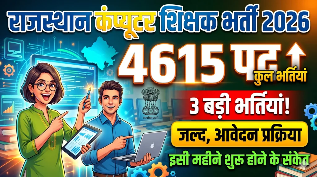 Rajasthan Computer Teacher Recruitment 2026 4615 पदों पर 3 बड़ी भर्तियां जल्द आवेदन प्रक्रिया इसी महीने शुरू होने के संकेत Rajasthan Computer Teacher Recruitment 2026: 4615 पदों पर 3 बड़ी भर्तियां जल्द, आवेदन प्रक्रिया इसी महीने शुरू होने के संकेत