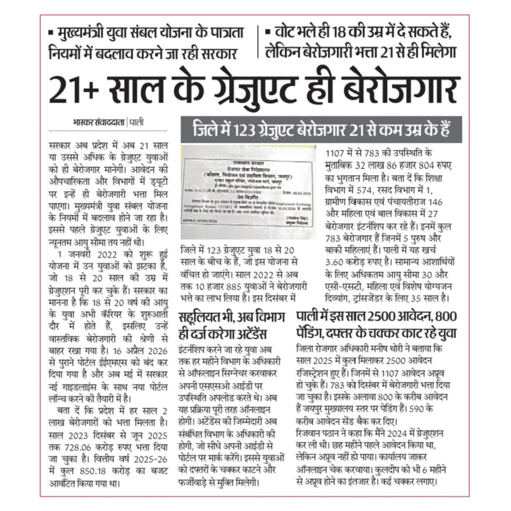 WhatsApp Image 2026 05 02 at 6.39.01 AM राजस्थान बेरोजगारी भत्ता 2026 नियमों मे बदलाव : Mukhyamantri Yuva Sambal Yojana 2026 Update – 21+ Age Criteria for Unemployment Allowance Rajasthan