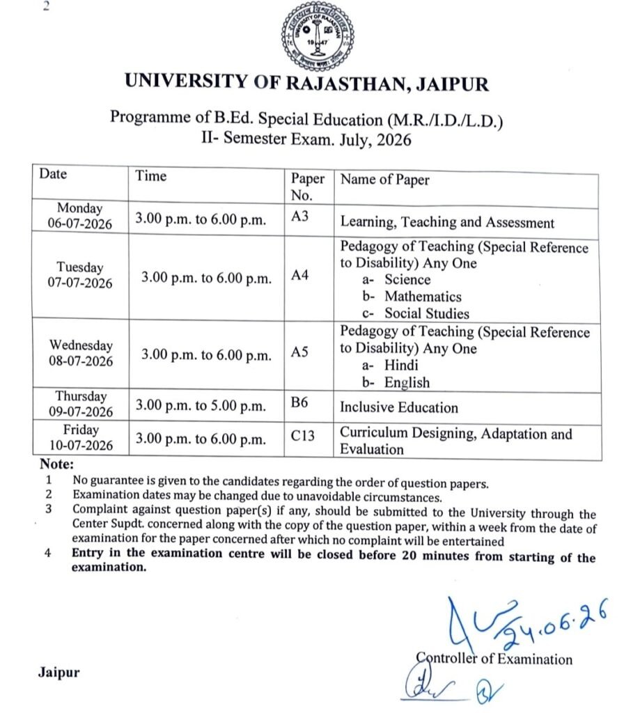 6195156399822671777 University of Rajasthan B.Ed Special Education 2nd Semester Time Table 2026 Out | Download Exam Schedule (July 2026)