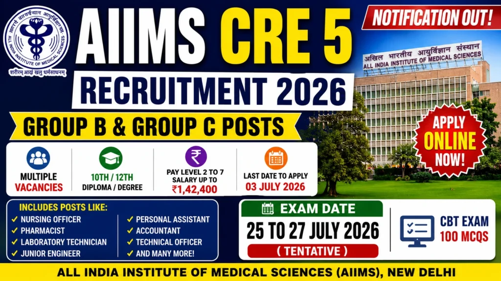 AIIMS CRE 5 Recruitment 2026 Notification Out for Group B Group C Posts – Apply Online for Various Central Government Vacancies AIIMS CRE 5 Recruitment 2026 Notification Out for Group B & Group C Posts – Apply Online for Various Central Government Vacancies