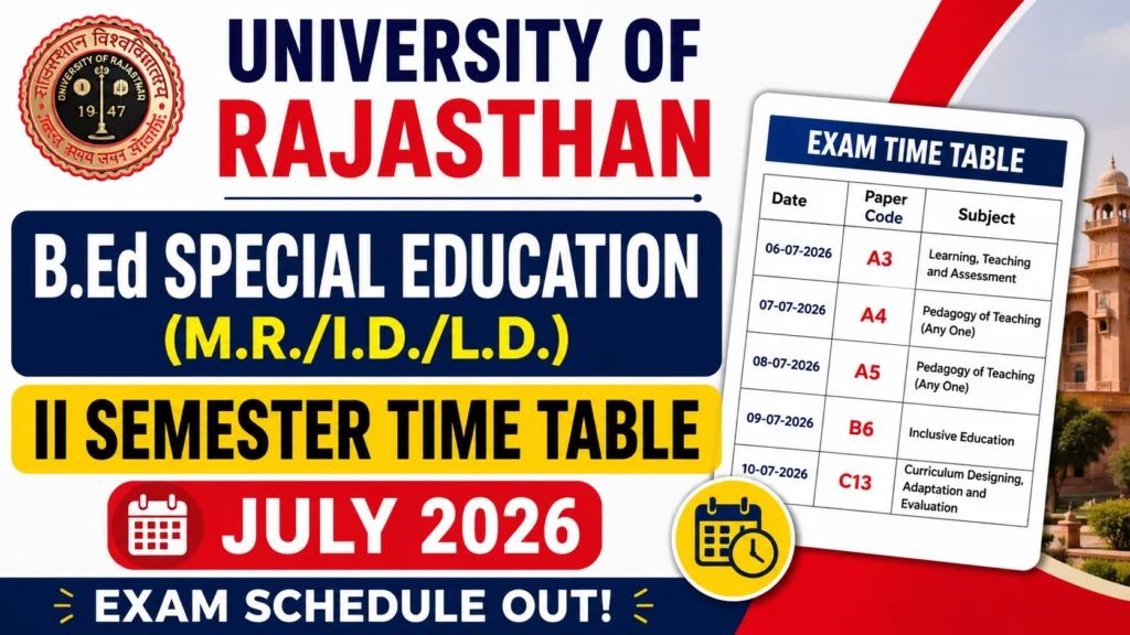 University of Rajasthan B.Ed Special Education 2nd Semes University of Rajasthan B.Ed Special Education 2nd Semester Time Table 2026 Out | Download Exam Schedule (July 2026)