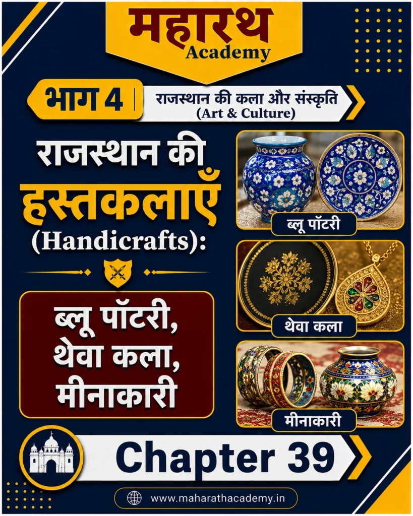 राजस्थान की हस्तकलाएँ Handicrafts ब्लू पॉटरी थेवा कला मीनाकारी एवं अन्य प्रमुख हस्तशिल्प राजस्थान की हस्तकलाएँ (Handicrafts): ब्लू पॉटरी, थेवा कला, मीनाकारी एवं अन्य प्रमुख हस्तशिल्प | Rajasthan Art & Culture Notes for RPSC, CET, REET, Patwar, Police & All Competitive Exams 2026